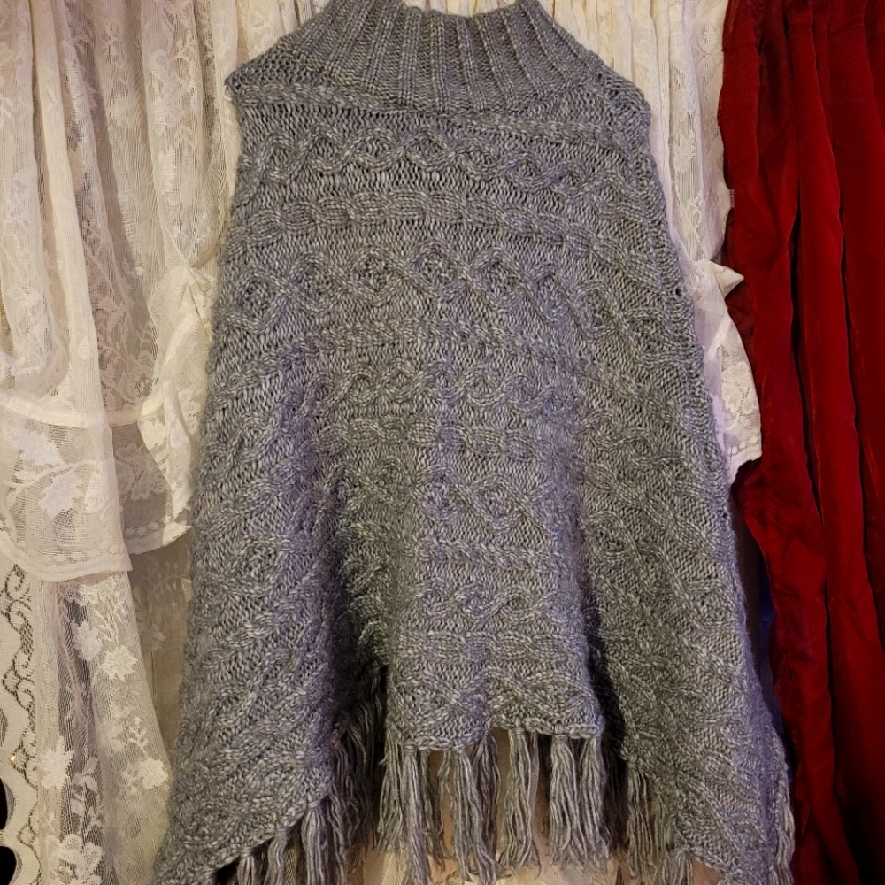 Time and True Cable Knit Fringe Poncho/Cape.
